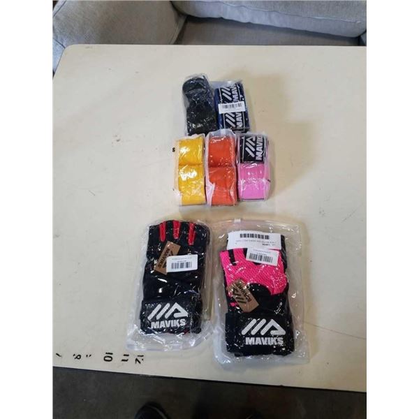 5 NEW MAVIKS HAND WRAPS AND 2 PAIRS WORK OUT GLOVES