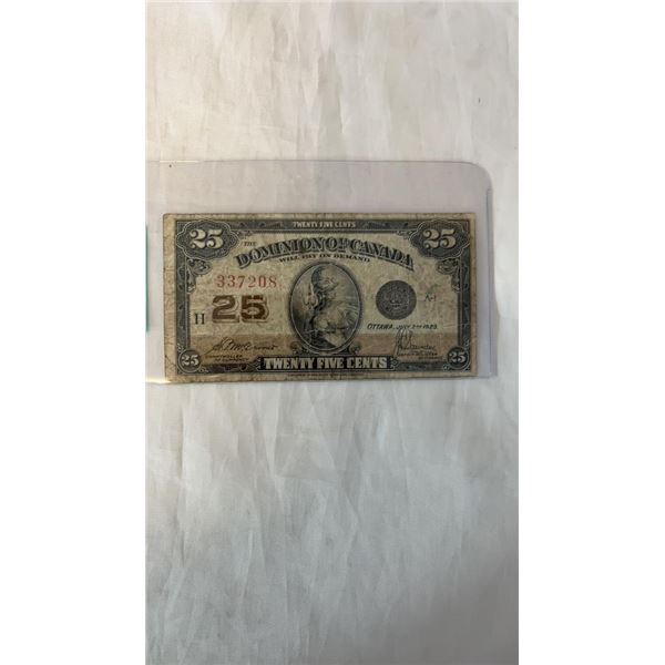RARE 1923 CANADIAN 25 CENT BILL - "DOMINION OF CANADA"