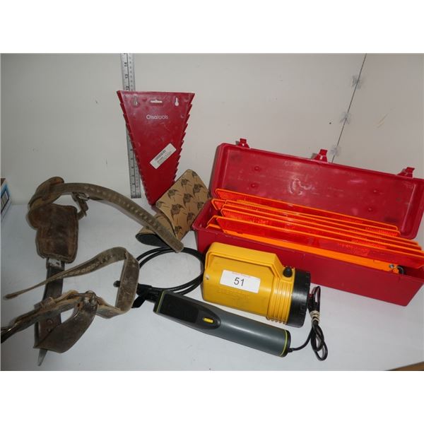 holder, flashlight, reflective safety signs,