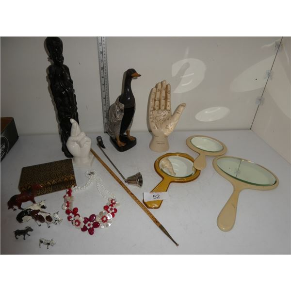 home decor, mirrors, necklace, figurines