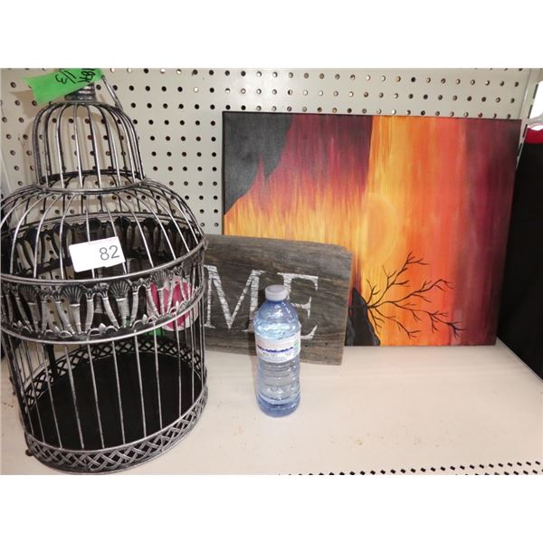 misc home decor, painting, signage,bird cage