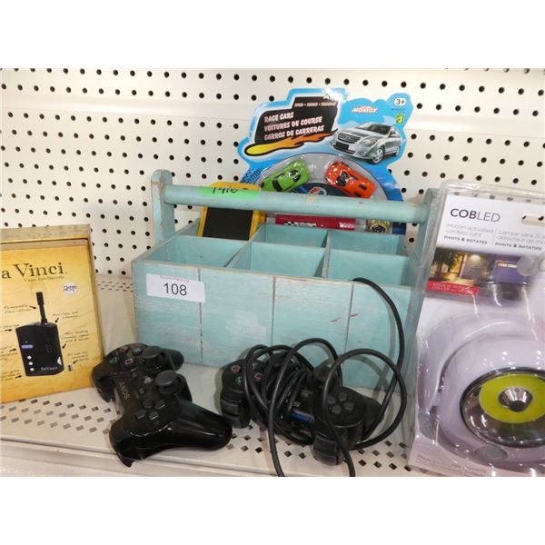 Sony controllers, motion light, wooden caddy,