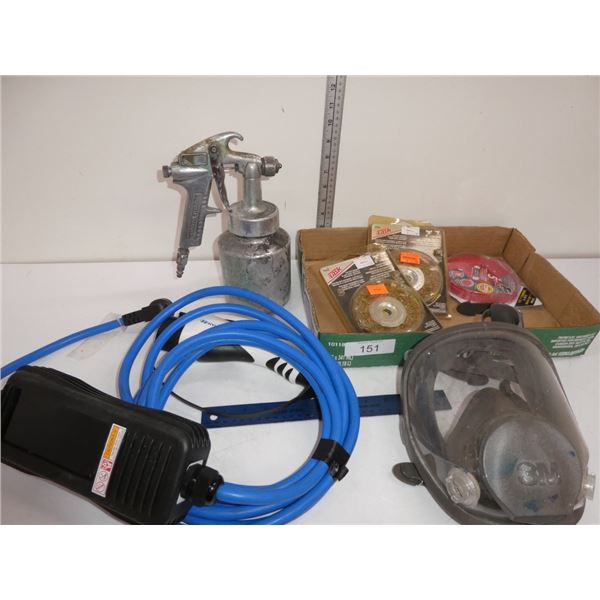 wire wheel, sanding discs, paint gun, mask