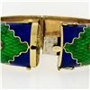 Image 6 : Vintage 18k Gold 2.64 ctw Diamond Green & Blue Enamel Wide Open Bangle Bracelet