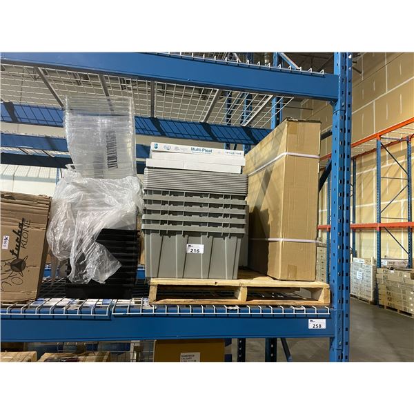 PALLET OF ANDEN COMMERCIAL DEHUMIDIFIER, PLASTIC STORAGE BINS, FILTERS, & ASSORTED INCUBATORS