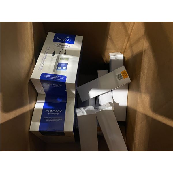 BOX OF BLUELAB MULTIMEDIA PH METERS & ASSORTED MULTI REGION ADAPTERS