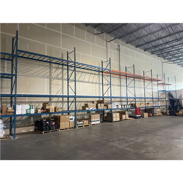 ** 7 BAYS OF BLUE 19' TALL  12' CROSSBAR 42" DEPTH ADJUSTABLE INDUSTRIAL PALLET RACKING WITH MESH