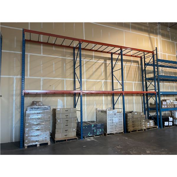 **3 BAYS OF BLUE 19' TALL  8' CROSSBAR 42" DEPTH ADJUSTABLE INDUSTRIAL PALLET RACKING WITH MESH