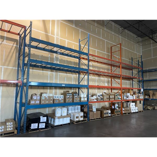** 3 BAYS OF BLUE 19' TALL  12' CROSSBAR 42" DEPTH ADJUSTABLE INDUSTRIAL PALLET RACKING WITH MESH