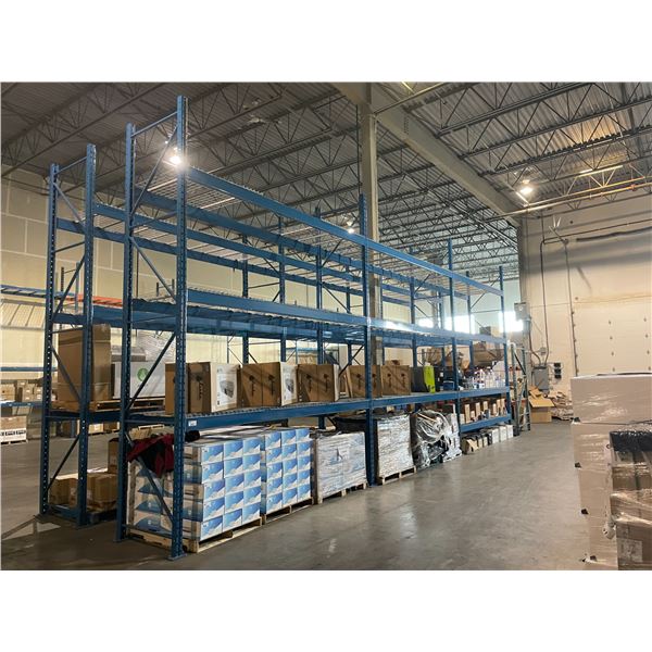 ** 3 BAYS OF BLUE 18' TALL  12' CROSSBAR 42" DEPTH ADJUSTABLE INDUSTRIAL PALLET RACKING WITH MESH