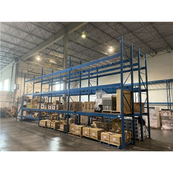 ** 3 BAYS OF BLUE 18' TALL  12' CROSSBAR 42  DEPTH ADJUSTABLE INDUSTRIAL PALLET RACKING WITH MESH