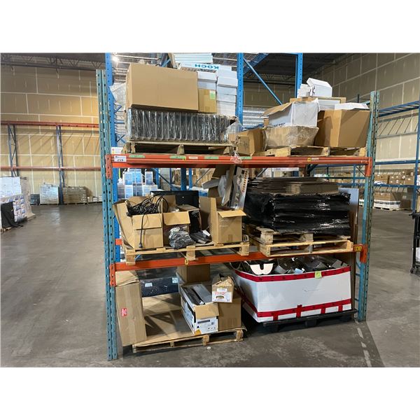 ** SINGLE BAY OF 103"H 8' CROSSBAR PALLET RACKING WITH PALLETS OF ASSORTED BOXES, CABLES,