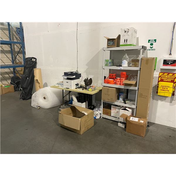 CONTENTS OF SHIPPING RECEIVING AREA INCLUDING SHELVES, WORK BENCH, FOLDING TABLE, HYDROPONICS