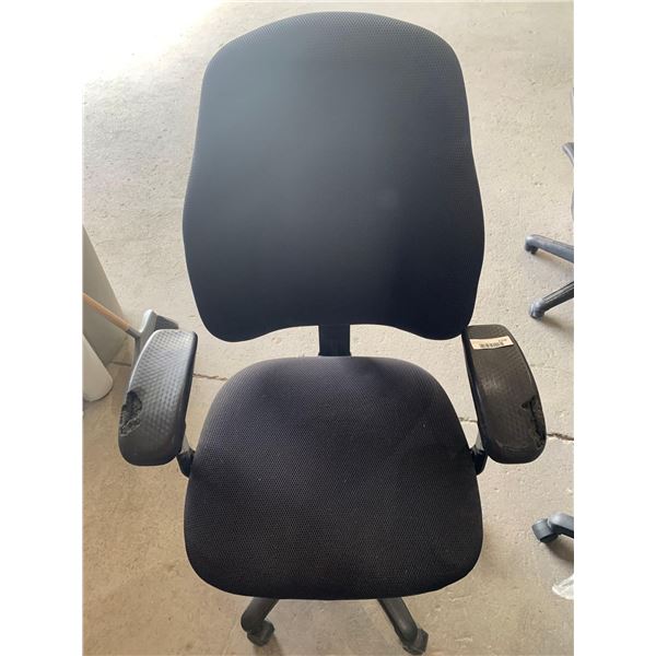 Black Upholstered  Office Chair on Casters - Some damage to Arm Rests as seen in photos