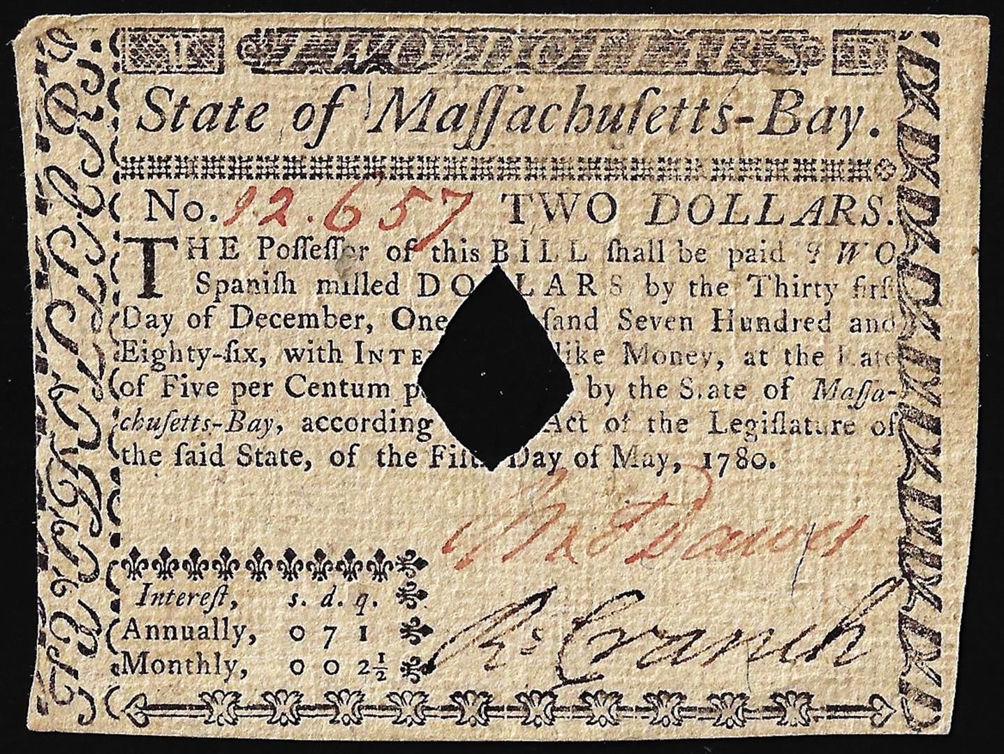 Colonial Script May 5, 1780 $2 State of Massachusetts Colonial Currency Note