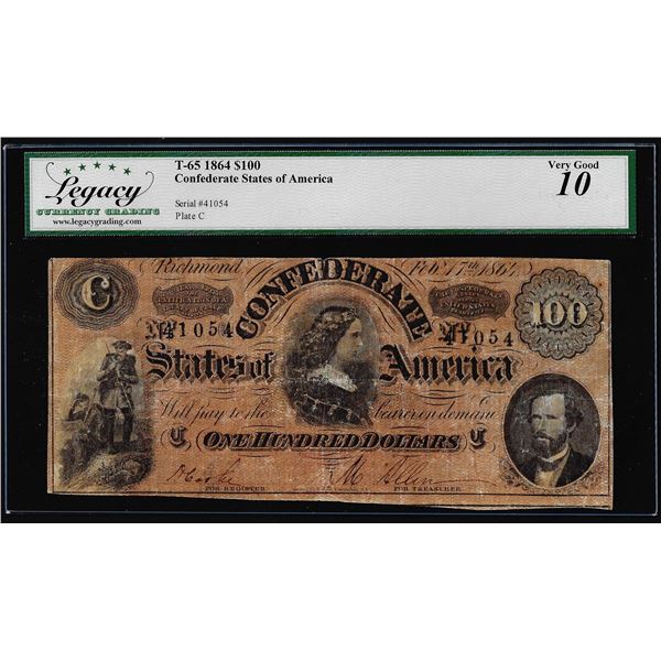 1864 $100 Confederate States of America Note T-65 Legacy Very Good 10