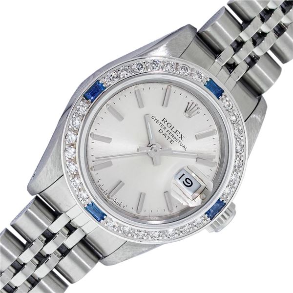 Rolex Ladies Stainless Steel Silver Index Sapphire and Diamond Date Wristwatch