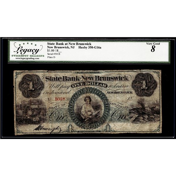 1800's $1 State Bank at New Brunswick, NJ Obsolete Note Legacy Very Good 8