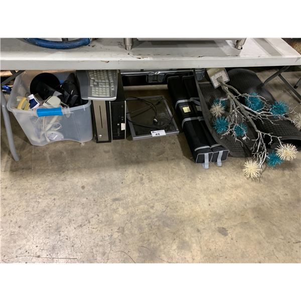 BIN OF ASSORTED POINT-OF-SALES SYSTEM PARTS, CASH DRAWER, MONITOR, DISPLAY SIGNS, FLOOR MAT, & HP