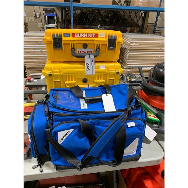 3 ASSORTED YELLOW/BLACK HARD EQUIPMENT CASE & FERNO BLUE PROFESSIONAL TRAUMA BAG