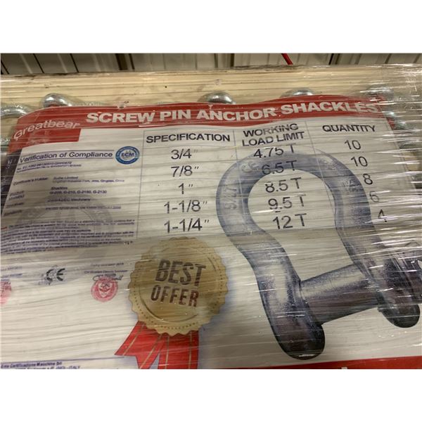 GREATBEAR SCREW PIN ANCHOR SHACKLES, 38 PCS TOTAL 4.75T-12T *ON PALLET*