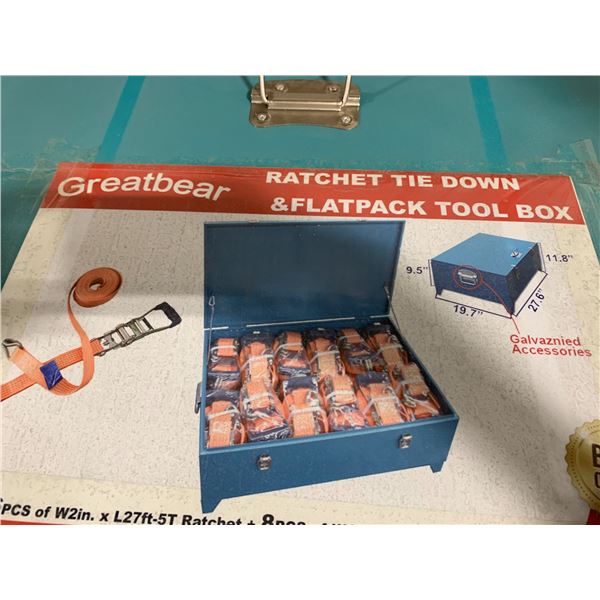 GREATBEAR 16 PCS RATCHET TIE DOWN SET WITH FLAT PACK TOOL BOX, 16-W2" AND 8-W1.5"