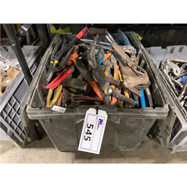 BLACK PLASTIC BIN OF ASSORTED HAND TOOLS, PLYERS, HAMMERS, PIPE WRENCHES, HAND WRENCHES & MORE