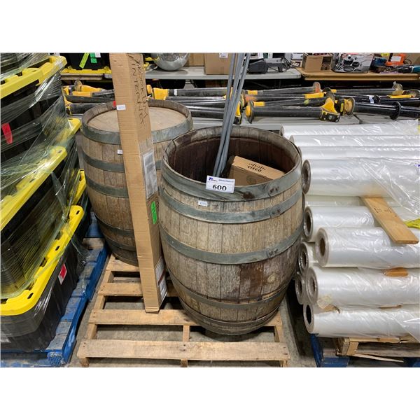 PALLET OF 2 WOOD BARRELS WITH ASSORTED ELECTRONICS/ MOUNTS