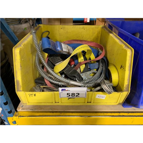 YELLOW BIN OF ASSORTED STRAPS AND RELATED LOCKS