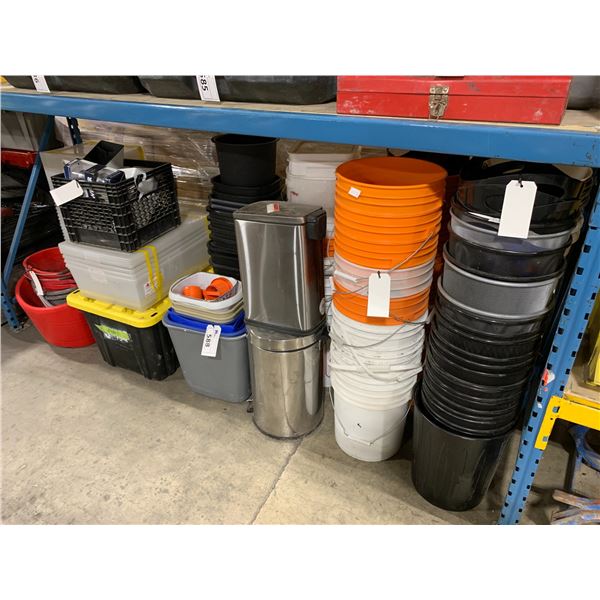 ASSORTED VARIOUS KINDS OF BUCKETS, GARBAGE BINS, BINDERS AND BOXES