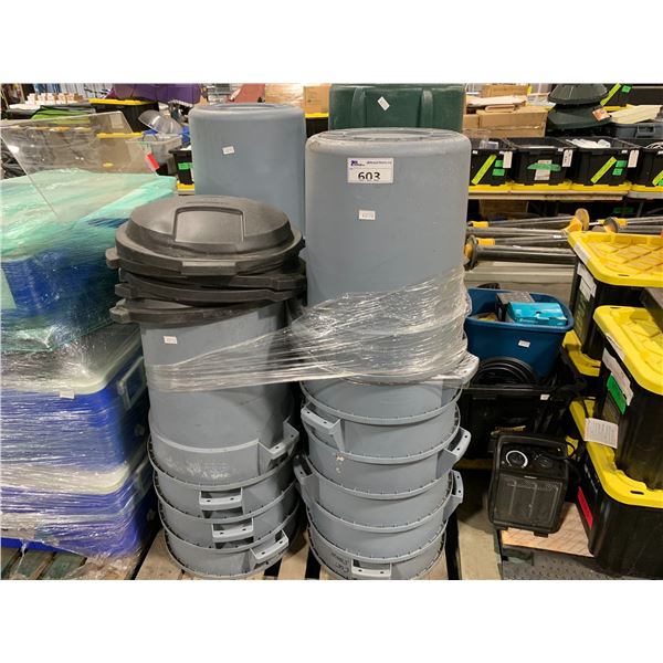 PALLET OF ASSORTED GREY/GREEN PLASTIC GARBAGE CANS WITH LIDS