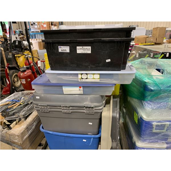 PALLET OF ASSORTED BLACK/GREY/BLUE PLASTIC BINS WITH LIDS