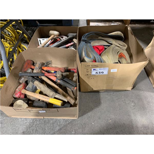 3 BOXES OF ASSORTED HAND TOOLS & INDUSTRIAL HEAVY DUTY SLINGS