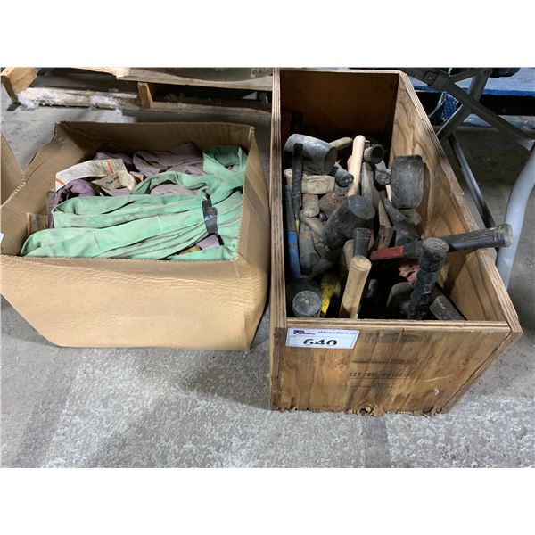 2 BOXES OF ASSORTED HAND TOOLS & INDUSTRIAL HEAVY DUTY SLINGS