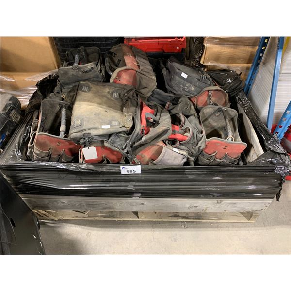 LARGE WOOD BIN FULL OF HUSKY INDUSTRIAL TOOL CARRY BAGS