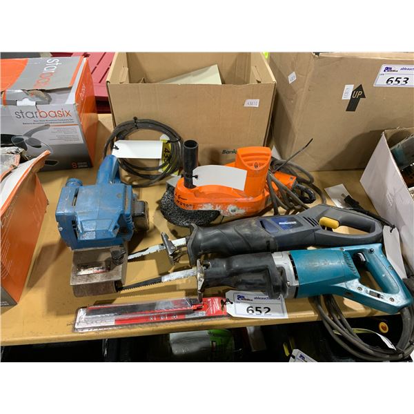 ASSORTED HAND TOOLS: RECIPROCATING SAWS ( WITH EXTRA BLADES), GRINDER, SANDER & ONE SEPARATE BOX