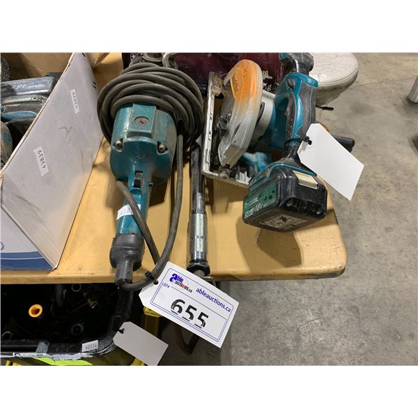 MAKITA BATTERY POWERED CIRCULAR SAW, ELECTRIC CORDED GRINDER & LARGE TORQUE WRENCH.