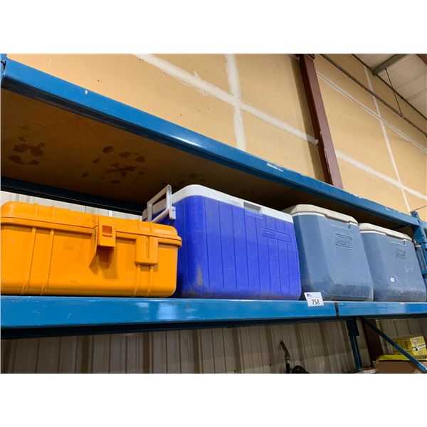 SHELF OF THREE EMPTY COLEMAN COOLERS AND ONE EMPTY YELLOW BOX