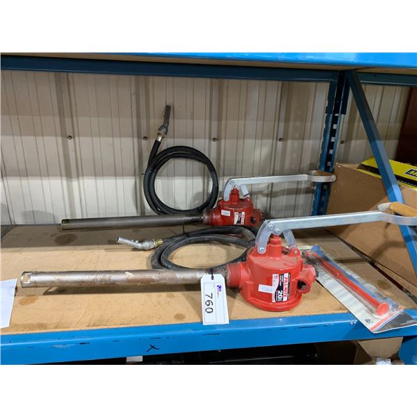 SHELF OF 2 TUTHILL FILL-RITE PISTON HAND PUMPS 5200 SERIES WITH HOSES & FUEL LINE DISCONNECT