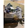 Image 1 : PALLET OF ASSORTED GARBAGE CANS, PLASTIC STORAGE BINS, WOOD PIECES, DECORATION ITEMS, PET BED & MORE