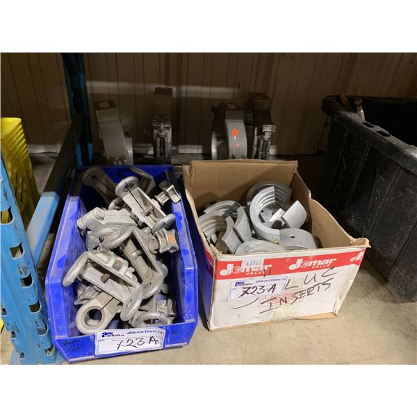 2 LARGE MULTI PIPE CLAMPS, BLUE BIN OF MINI ELECTROFUSION CLAMPS & BOX OF CLAMP ATTACHMENTS