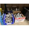 Image 1 : 2 LARGE MULTI PIPE CLAMPS, BLUE BIN OF MINI ELECTROFUSION CLAMPS & BOX OF CLAMP ATTACHMENTS