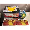 Image 1 : Group of assorted Pokémon Pikachu collectible tins w/ contents - includes pencils/ pins/ cards sleev