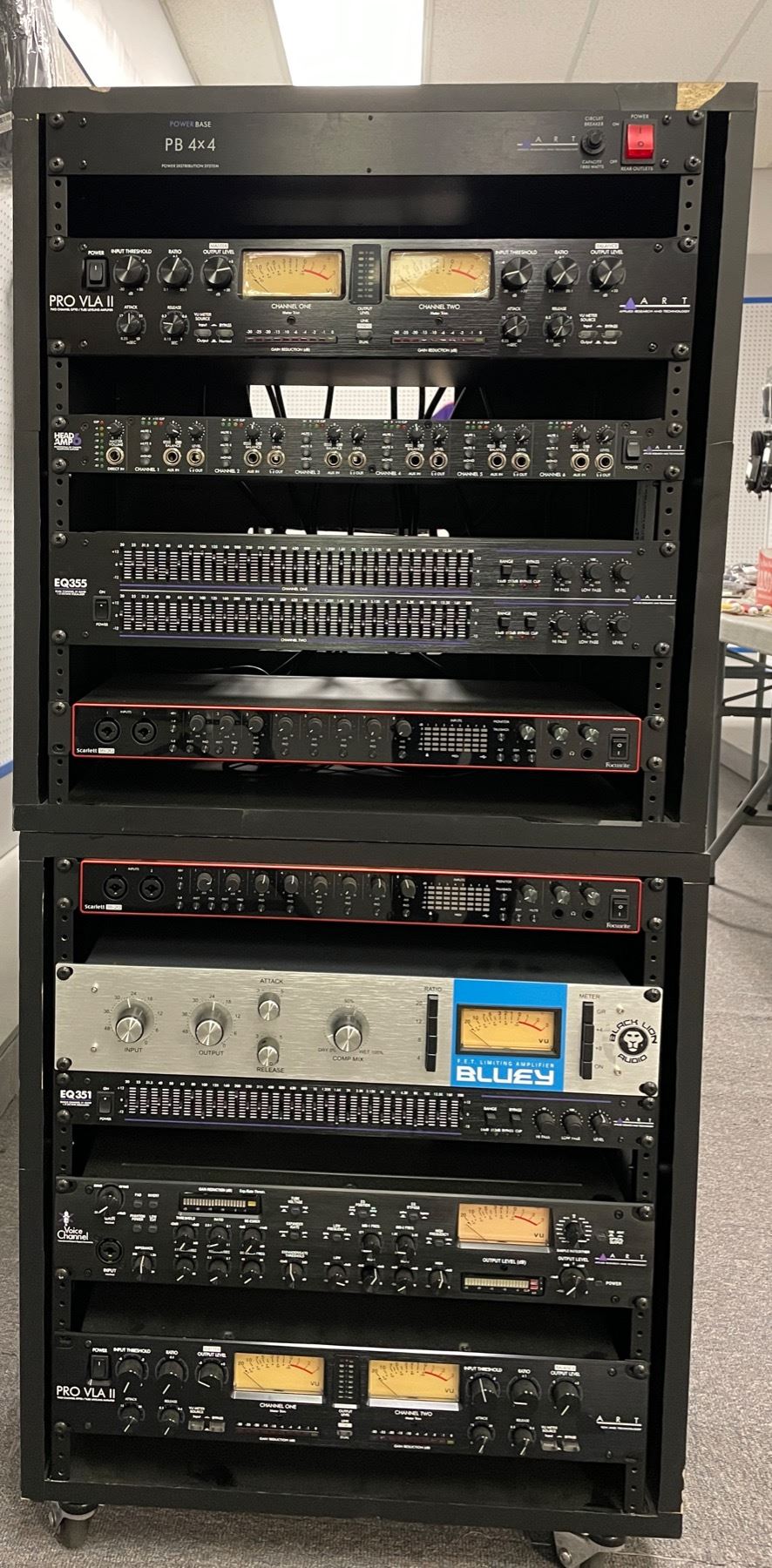 9pc audio rolling rack - includes ART Power Base 4x4 power distribution ...