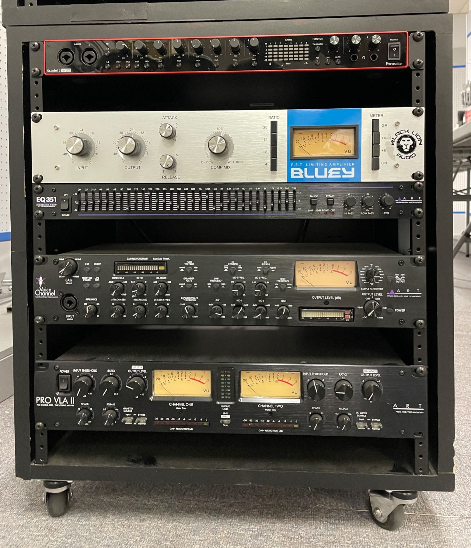 9pc audio rolling rack - includes ART Power Base 4x4 power distribution ...