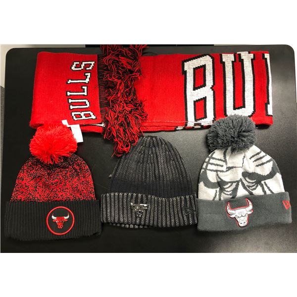 Group of assorted NBA Chicago Bulls merchandise - includes 3 New Era beanie caps & 1 scarf