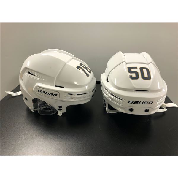 Group of 2 white Bauer adjustable hockey helmets - includes Reakt 75 M