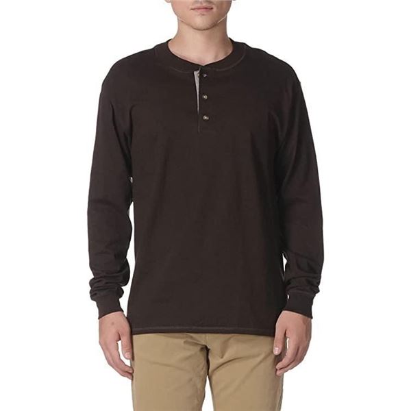 HANES Men'S Long Sleeves Beefy Henley Shirt M Dark Truffle