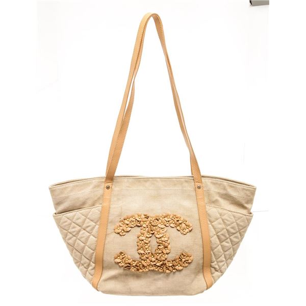 Chanel Beige Canvas CC Camelia Shoulder Bag