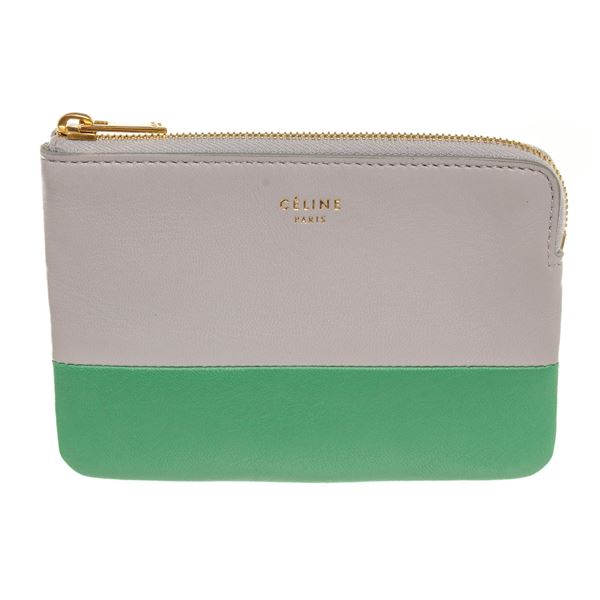 Celine Gray & Green Bicolor Solo Clutch Leather Coin Pouch